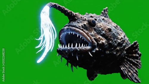 Deep sea anglerfish with glowing lure isolated on green screen background