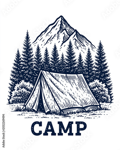 Vintage woodcut-style illustration of a tent, pine forest, and mountain peak with the word CAMP isolated on a white background created with Generative AI Technology, ai, generative