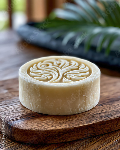 Close-up photorealistic 3D render of a round artisanal soap bar with an embossed tree logo on a wooden board with tropical foliage background created with Generative AI Technology, ai, generative