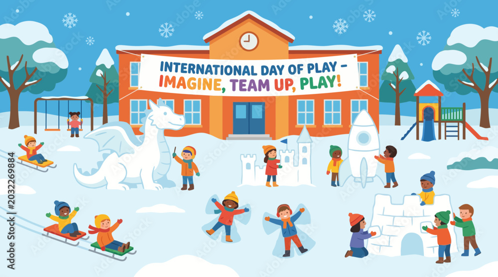Naklejka premium Diverse Children Playing in Snow for International Day of Play