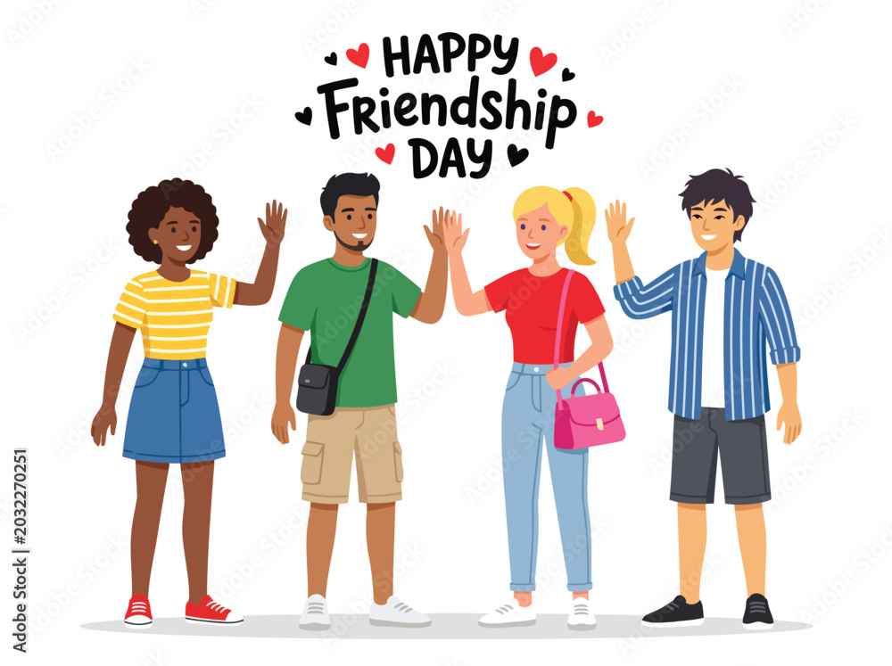 Fototapeta premium Diverse Multicultural Group of Friends Celebrating Happy Friendship Day with High Five and Waving Isolated on White Background Illustration