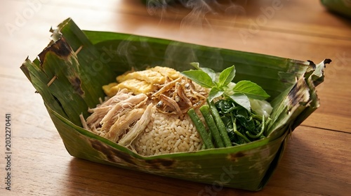 Aromatic Indonesian chicken noodle meal, traditionally served steaming hot in a rustic banana leaf bowl, showcasing the rich culinary heritage and fresh ingredients of Southeast Asia