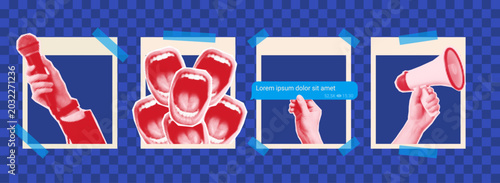 Halftone collage photo frames set with megaphone, microphone, speech bubble and retro pop art elements. Trendy scrapbook composition with vintage print texture and taped photo placeholders.