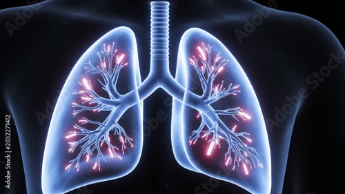 Abstract Transparent Blue Human Lungs with Red Glowing Areas in a Dark Medical Background Health and Respiratory System Concept