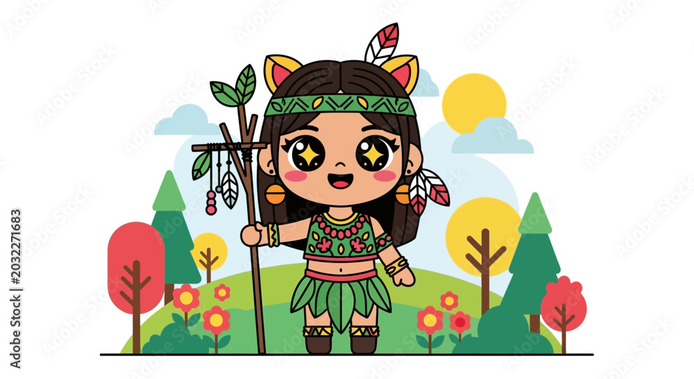 Fototapeta premium Cute Cartoon Indigenous Girl with Traditional Attire and Staff.