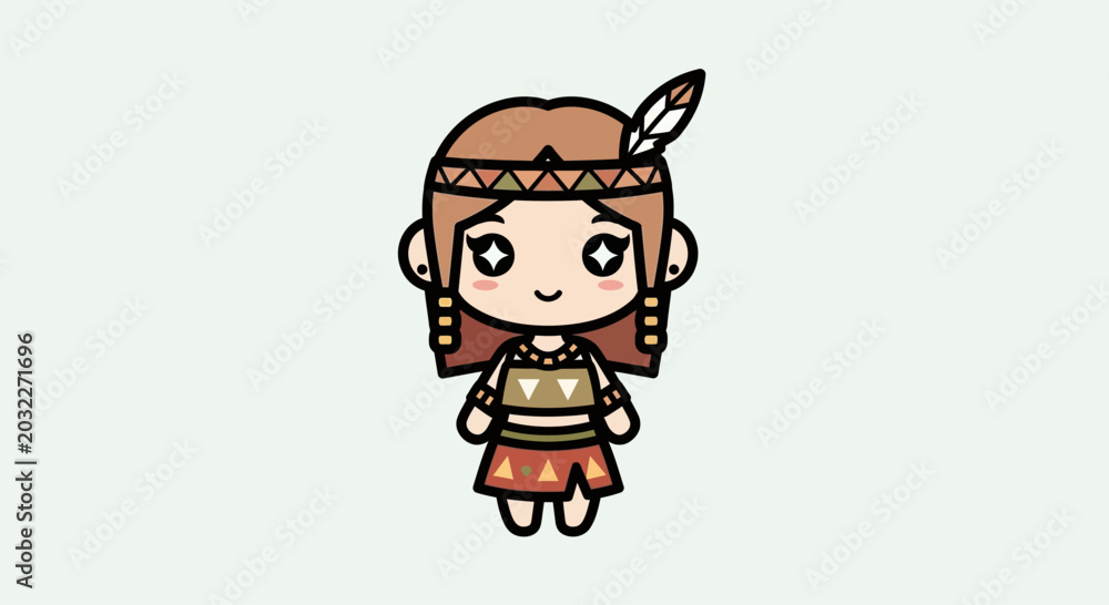 Fototapeta premium Cute Cartoon Native American Girl with Feather Headband and Traditional Attire.