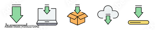 Conjunto de iconos de descargas digitales. Representa transferencia, almacenamiento y acceso a archivos. Incluye descarga, nube, paquetes, sincronización y dispositivos. Ilustración vectorial