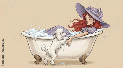 A sketched illustration of a miserable red-haired woman sitting fully clothed in a bubble-filled clawfoot bathtub in her purple dress and large hat while her white poodle looks on.