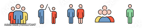 Conjunto de iconos de diversidad social. Representa inclusión, igualdad y comunidad. Incluye grupos, interacción, representación, convivencia y sociedad. Ilustración vectorial