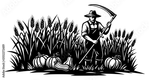 Foto Farmer with scythe harvesting wheat field and pumpkins in vintage woodcut style