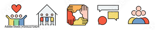Conjunto de iconos de apoyo comunitario. Representa solidaridad, ayuda y comunicación social. Incluye asistencia, conversación, comunidad, colaboración y unión. Ilustración vectorial