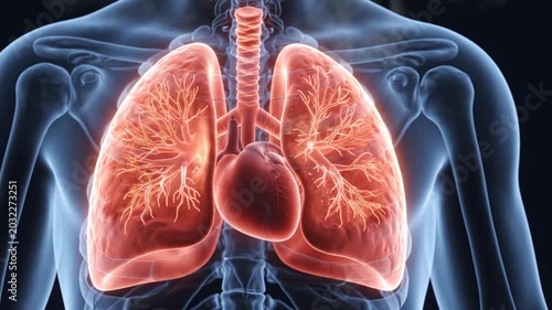 Human Lung Anatomy Showing Respiration and Heartbeat in Transparent Blue Chest on Dark Background Medical Animation