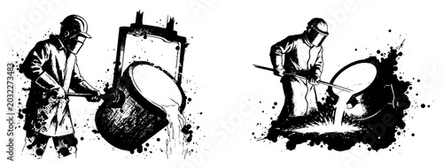 Photos Foundry worker pouring molten metal with liquid splashes in industrial ink splat