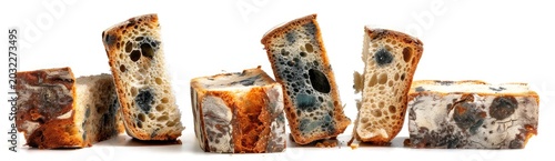 Sliced bread with visible mold, arranged in a row against a plain white background