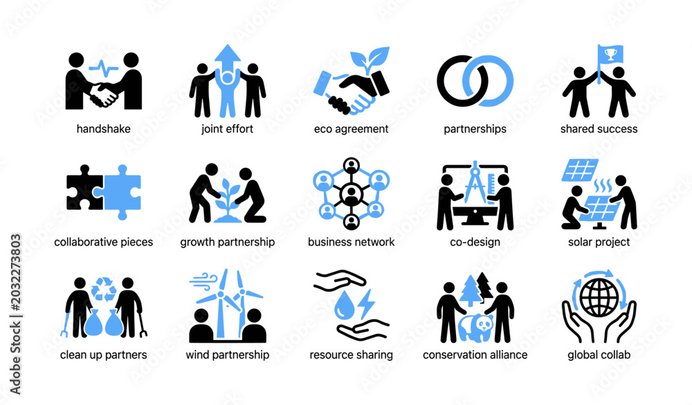 Fototapeta premium Partnership and sustainability icons showing collaboration grid