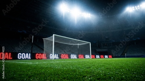Soccer goal with bright stadium lights illuminating empty field at night ready for game or practice, vibrant green grass and advertising boards displaying red goal text.