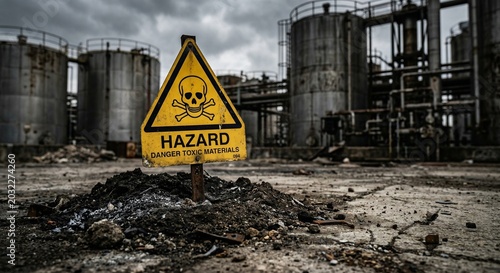 Danger toxic materials hazard sign at industrial site with rusted storage tanks and polluted ground for environmental waste and chemical spill warning in abandoned refinery area.