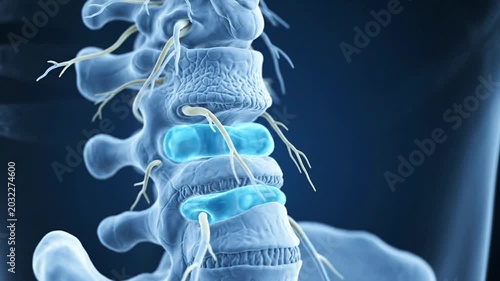 3D Rendered Lumbar Spine Section Showing Intervertebral Discs Nerves And Vertebrae Against A Dark Blue Background