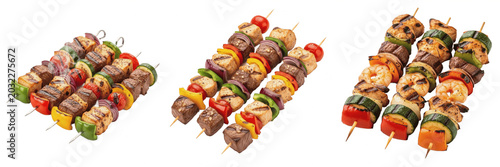 Obraz na plátne Set of Three Grilled Skewers with Meat and Vegetables Isolated on White Backgrou