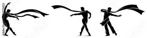 Male dancers performing with long flowing fabric scarves in artistic silhouette style