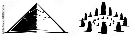 Cuadro en lienzo Great pyramid and Stonehenge stone circle monuments in minimalist silhouette sty