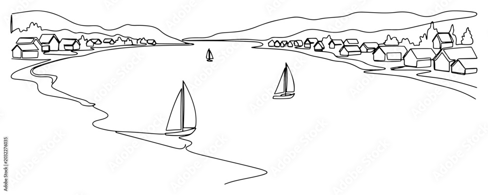 Fototapeta premium Coastal landscape with sailboats and lakeside village continuous line art drawing