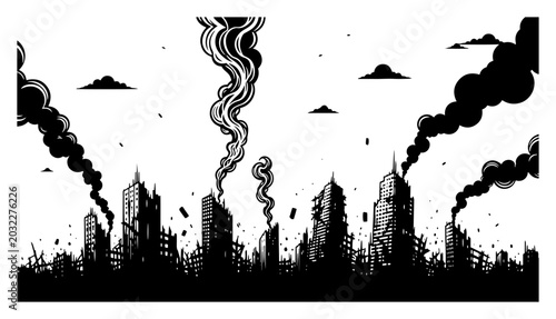 Quadro su tela Destroyed city ruins with smoke rising from burning skyscrapers vector illustrat