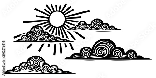 Stylized sun with rays and curly clouds in vintage woodcut style