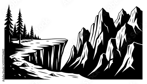 Bild auf Leinwand Mountain range with steep cliff and pine forest in woodcut style