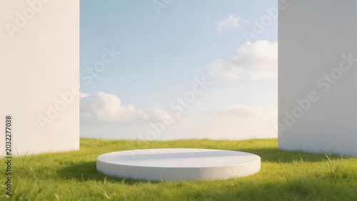 White circular platform on grass with sky