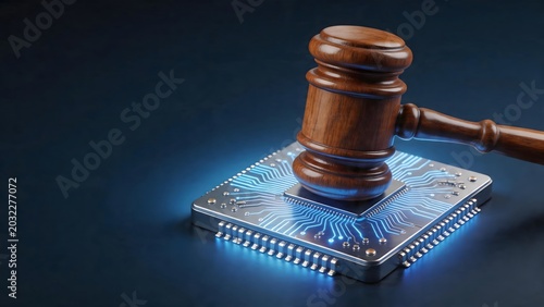 Judges gavel on a glowing circuit board