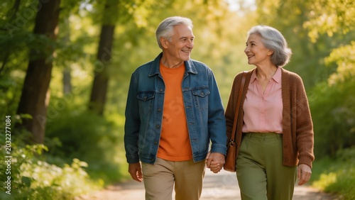 Elderly couple walking in forest