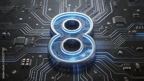 Circuit board with glowing number 8