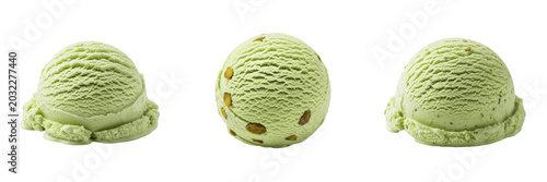 Set of Pistachio Ice Cream Scoops Isolated on Transparent Background, Sweet Green Gelato Ball PNG Clipart with Nuts for Dessert Cafe Menu, Summer Food Product Packaging, Creamy Yogurt Graphics, and Ba