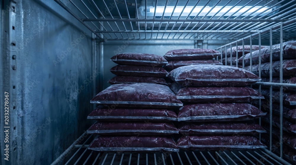 Fototapeta premium Frozen meat açaí stacked in industrial freezer, food storage and preservation macro close-up, food detail, natural background