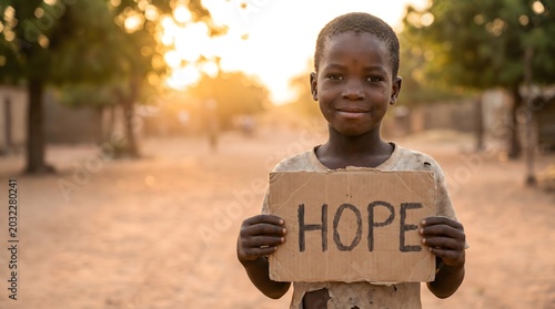 A young boy in a village holds a cardboard sign with the word 'HOPE' written on it, symbolizing resilience and optimism