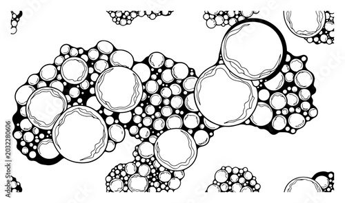 Fotografie Soap foam bubbles and suds clustered together in detailed black and white line a