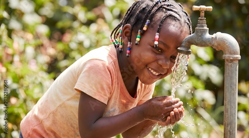Smiling child happily drinks and plays with refreshing water from an outdoor faucet, highlighting the importance of clean water access and childhood joy