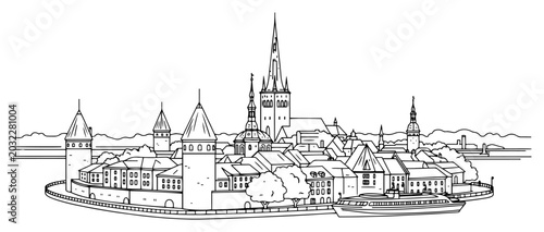 Photos Tallinn medieval city skyline with old town towers and church in minimalist line