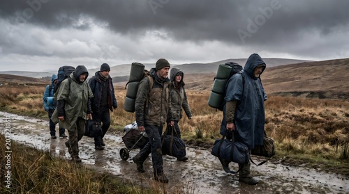 A determined group of travelers endures an arduous trek across a desolate, muddy landscape under a bleak, overcast sky, embodying resilience and the human spirit on a challenging journey
