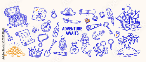 Fotografi Pirate Treasure Collection: A charming collection of hand-drawn illustrations depicting a pirate's life, including a treasure chest brimming with gold, a treasure map marked with a skull