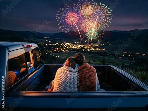 Young couple watching fireworks from the bed of a truck