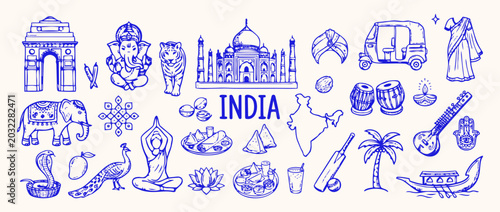 Photos India Collage: A vibrant collection of hand-drawn icons representing India's rich culture, landmarks, and symbols, including the Taj Mahal, Ganesha, elephants, rickshaws, and traditional clothing