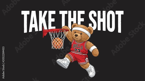 Motivational take the shot slogan with cute bear athlete mascot playing basketball vector illustration on black background for urban sports apparel design