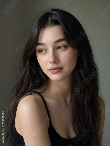 Serene portrait of a young woman with long dark hair looking at camera