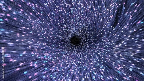 A swirling tunnel of vibrant purple and blue lights radiates outward from a central black hole in a mesmerizing display of colorful speed and motion.