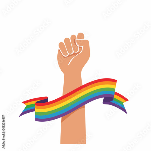 Fist raised with rainbow ribbon