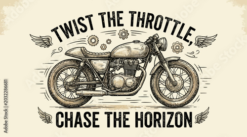 Retro hand-drawn line art illustration of a classic vintage motorcycle featuring a custom speed slogan typography design, perfect for apparel graphics and motor enthusiast emblems.
