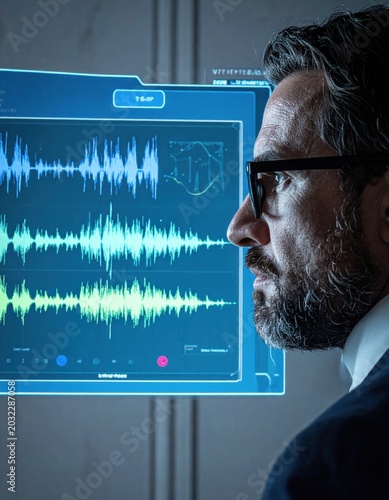 Serious professional examining blue digital audio waveform screen, cyber security monitoring, signal analysis, voice biometric data, hi-tech investigation
