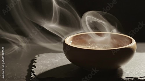Steaming bowl of food on a table with smoke rising